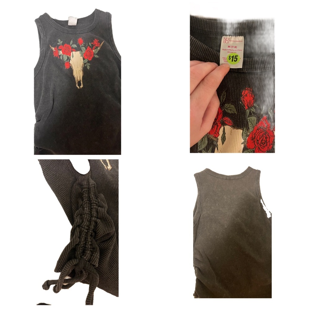 Black Tank Top with Floral Skull Design